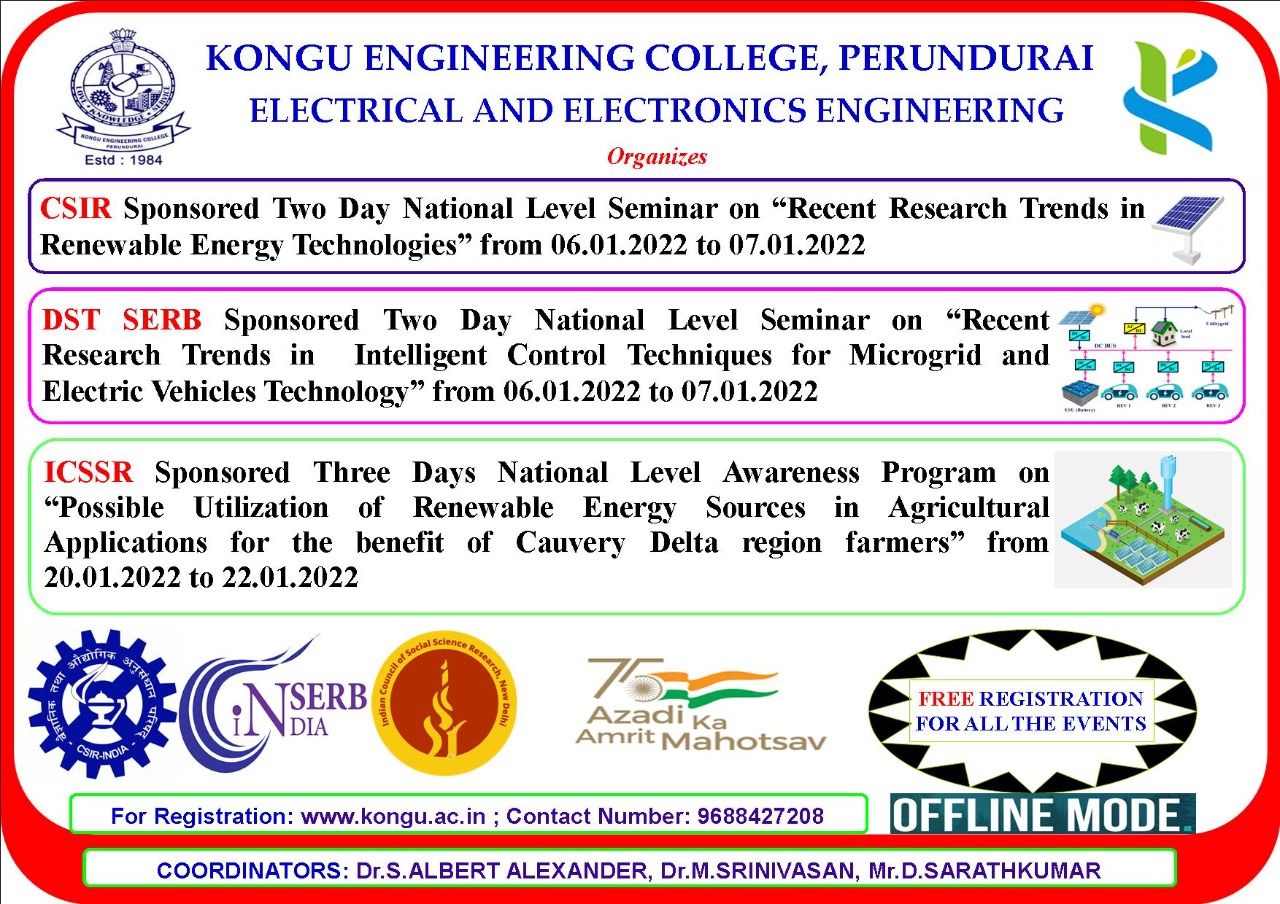 Two day National level Physical Mode Seminar on Recent research Trends in Intelligent Control Techniques for Microgrid and Electric Vehicles Technology 2022